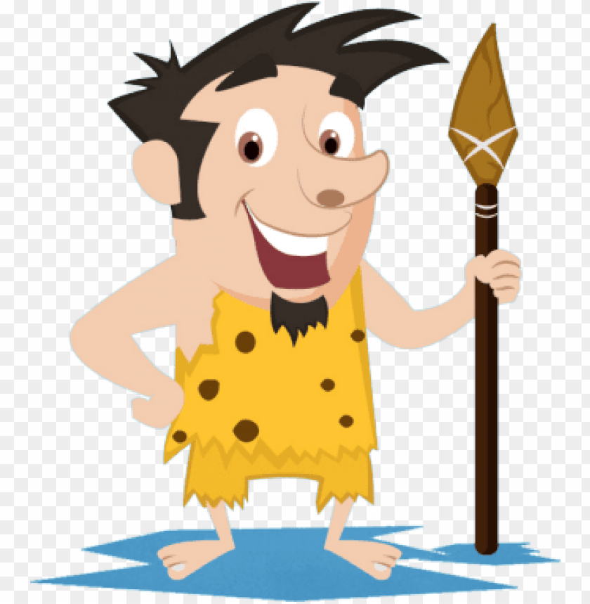 Cartoon caveman with spiky hair, yellow spotted tunic, and wooden spear, smiling confidently.