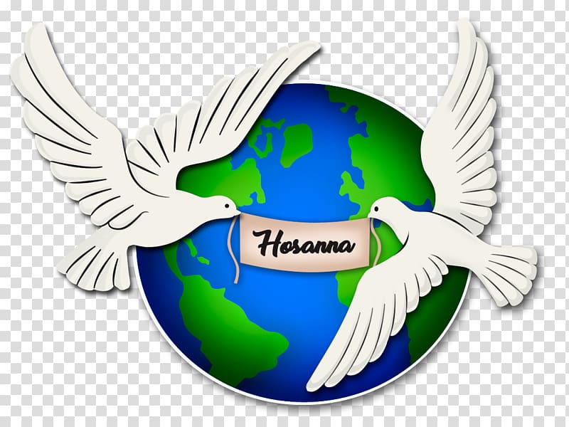 Two white doves holding a "Hosanna" banner encircling a globe, symbolizing global peace and praise.