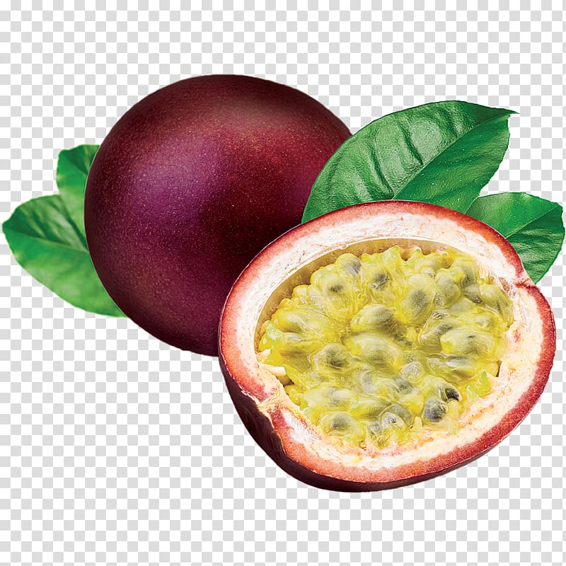 Fresh purple passion fruit whole and halved, revealing vibrant yellow pulp and black seeds, with green leaves on transparent background.