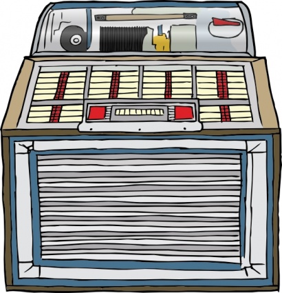 Vintage jukebox with open top showing records, selection buttons, and speaker grille.