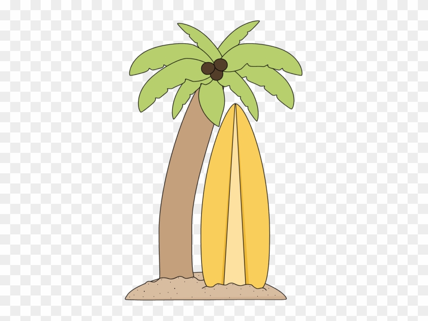 A cartoon palm tree with coconuts and a yellow surfboard stuck in sand beside it.