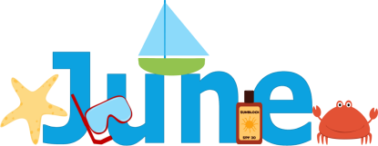 The word "June" in blue letters decorated with summer icons: starfish, snorkel mask, sailboat, sunscreen, and crab.