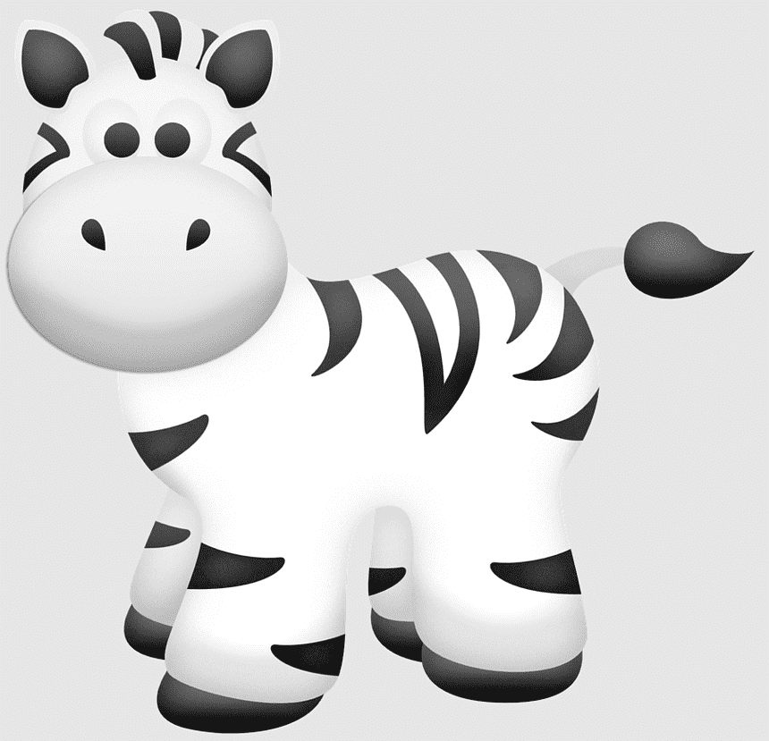 Cute cartoon zebra with bold black stripes, rounded features, and a playful stance on light gray background.