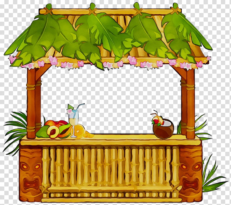 Tropical tiki bar with thatched roof, bamboo counter, carved masks, fruit, and cocktails.