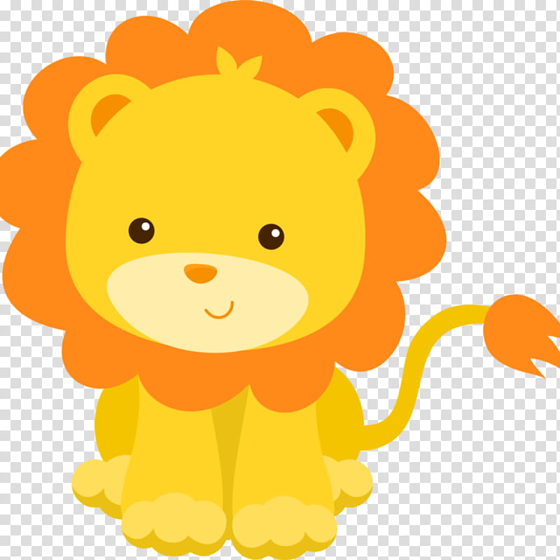 Cute cartoon lion cub with orange mane, sitting and smiling on transparent background.