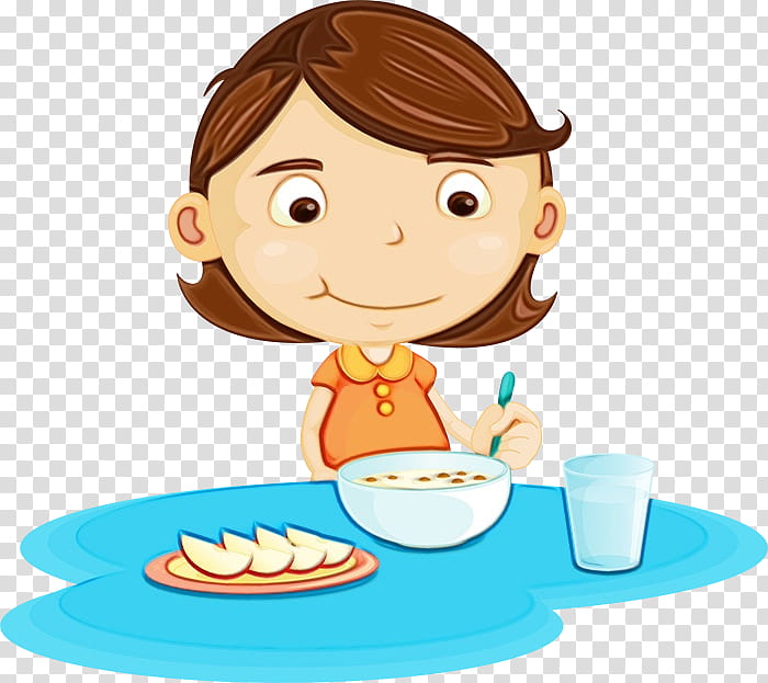 A smiling cartoon girl eating cereal with sliced apples and a glass of water at a blue table.