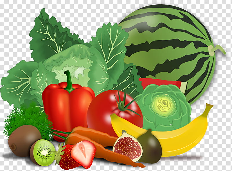 Vibrant assortment of fresh fruits and vegetables including watermelon, bell pepper, tomato, banana, kiwi, strawberry, fig, carrot, cabbage, and dill.