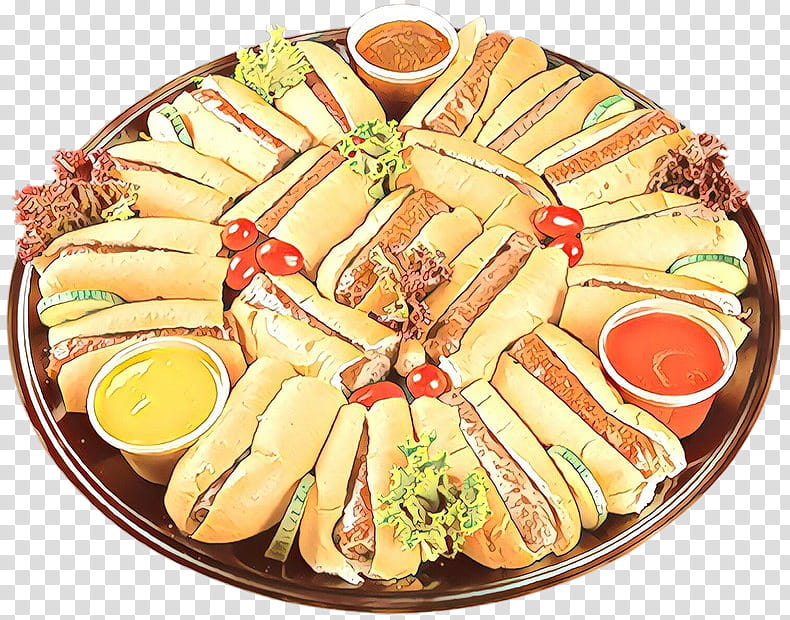 A large platter of assorted hot dogs with various toppings and dipping sauces arranged in a circular pattern.
