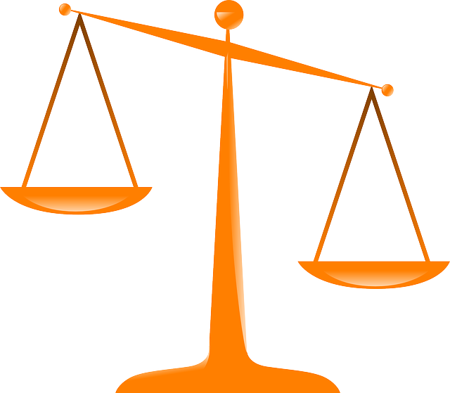 Orange justice scale icon with unbalanced pans, symbolizing legal imbalance or injustice.