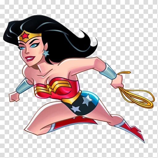 Wonder Woman in classic red, blue, and gold costume sprinting forward with lasso of truth in hand.