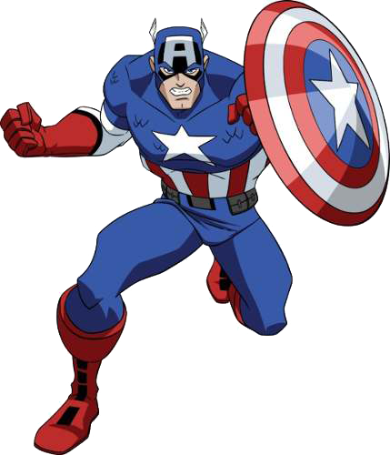 Captain America in classic blue, red, and white suit, holding his iconic shield, ready for action.