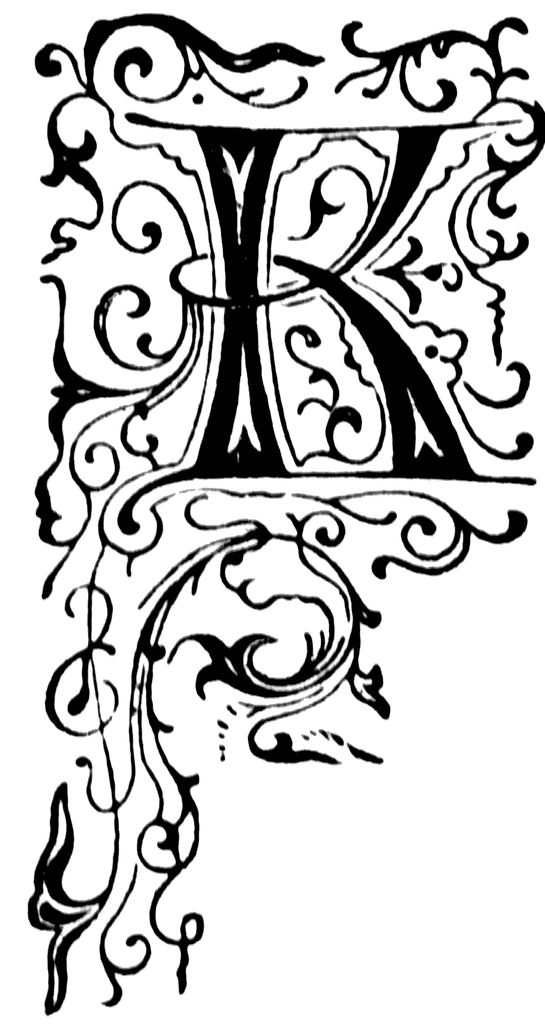 Ornate black-and-white decorative capital letter "K" with elaborate Baroque-style flourishes and scrollwork.