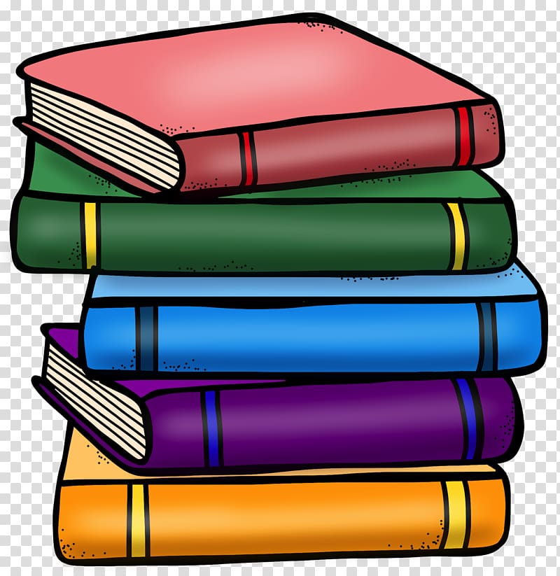 Stack of six colorful hardcover books in red, green, blue, purple, and orange with visible spines and pages.