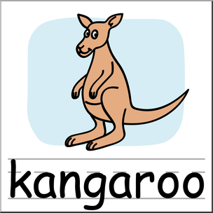 Cartoon illustration of a brown kangaroo standing upright on hind legs with tail extended, against a light blue rounded background.