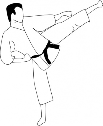 Martial artist in white gi performing high side kick with black belt, line drawing style.