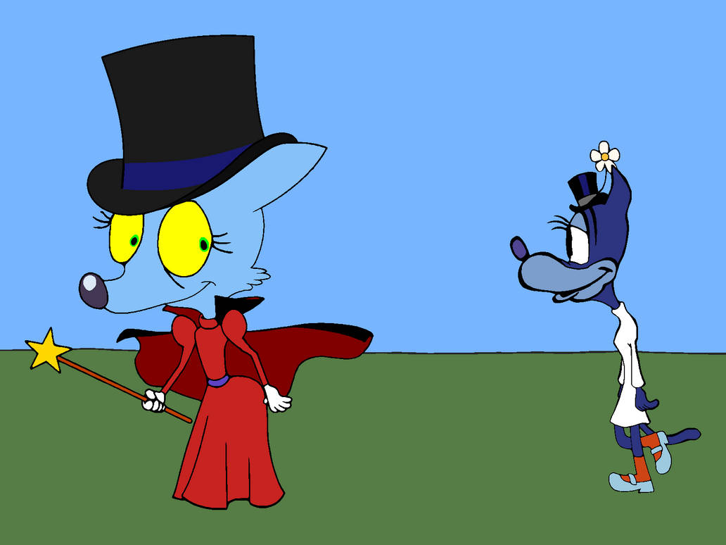 A blue cat magician in a top hat and red cape holds a star-tipped wand, facing a smiling blue dog in a lab coat holding a flower.