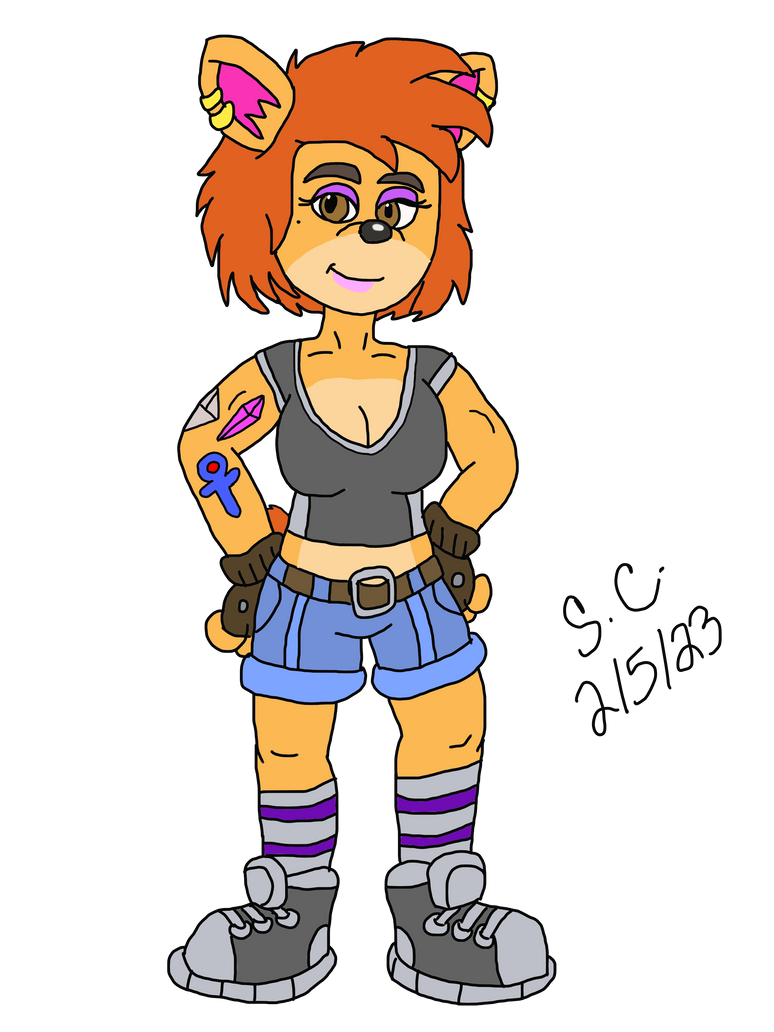 Anthropomorphic lioness character with orange hair, tattoos, and casual outfit standing confidently.