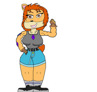 Anthropomorphic orange-furred female fox with muscular build, wearing gray tank top, blue shorts, and black sneakers, holding a small object.