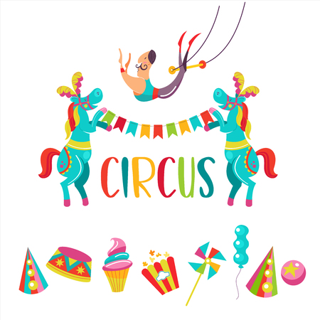 Colorful circus illustration with two decorated horses, a flying trapeze artist, bunting flags, and festive items like popcorn, ice cream, and party hats.
