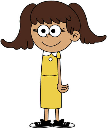 Cartoon girl with brown pigtails, large eyes, wearing a yellow dress and black sneakers.