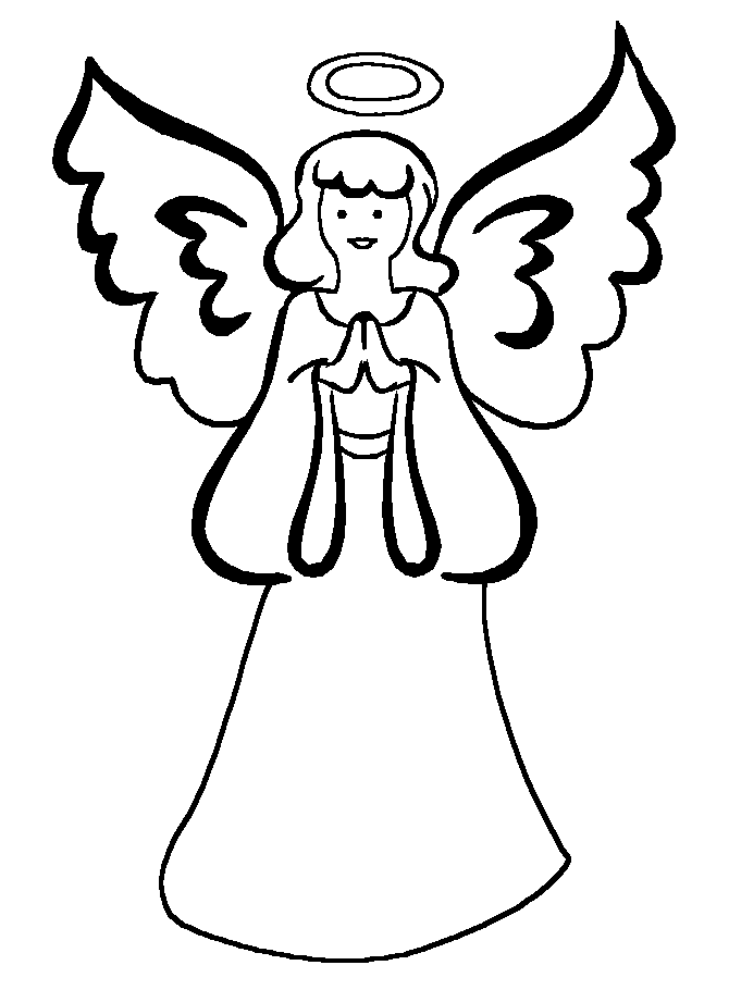 Black-and-white line drawing of a smiling angel with large wings, halo, and hands clasped in prayer.