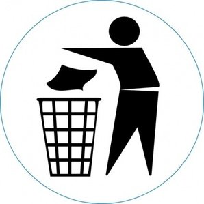 Black silhouette of a person tossing trash into a wire-mesh waste bin inside a circular border.