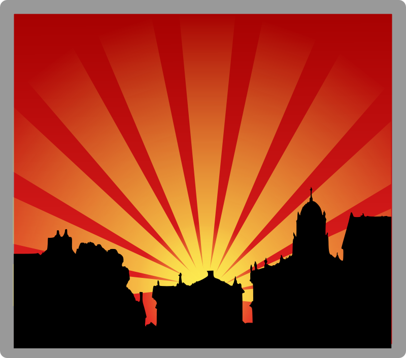 Silhouetted city skyline against a radiant red-orange sunrise with sunburst rays.