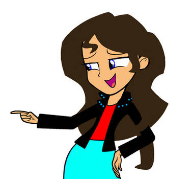 Animated woman with brown hair, blue eyes, pointing right while smiling, wearing black jacket, red top, and teal skirt.