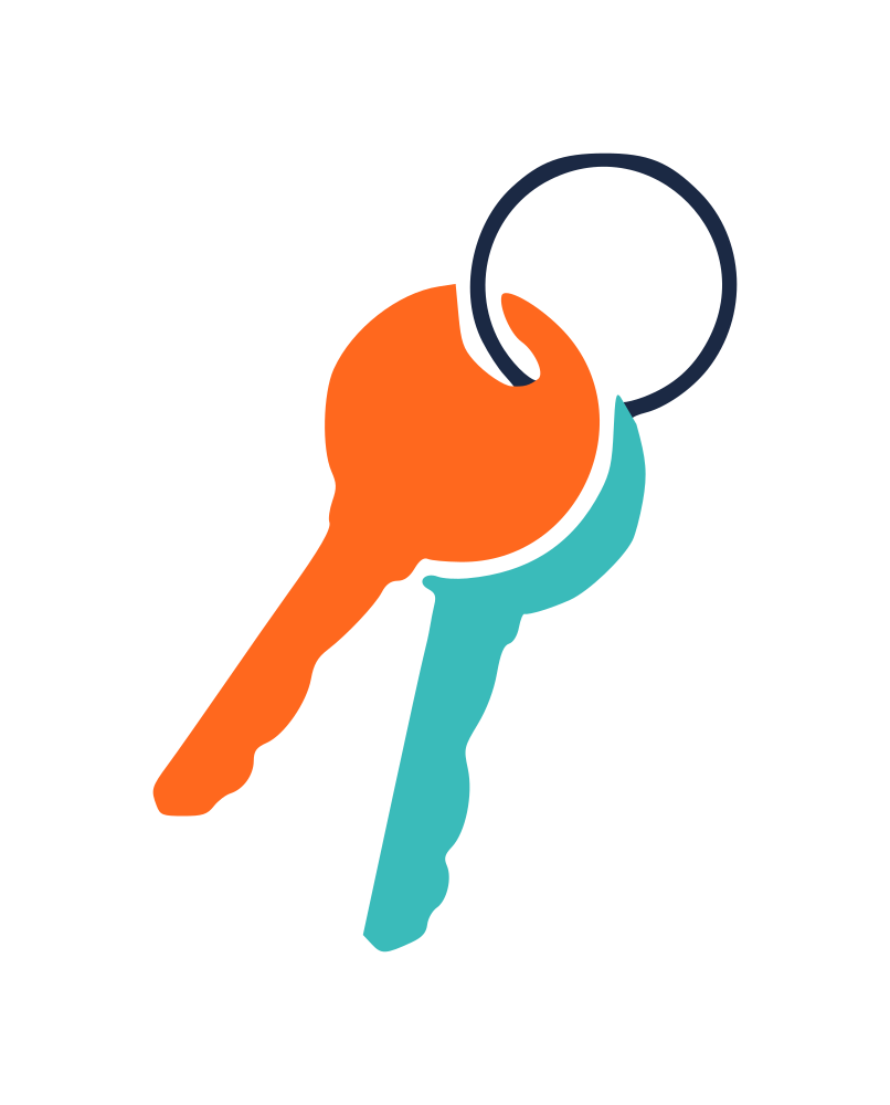Two stylized keys-one orange, one teal-on a dark blue keyring against a black background.
