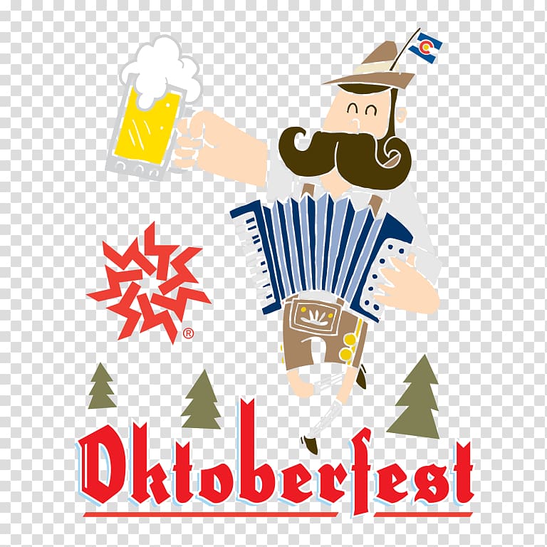 Cartoon man in Bavarian attire playing accordion, holding beer mug with Colorado flag, celebrating Oktoberfest.