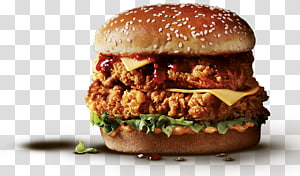 Crispy double chicken sandwich with cheese, lettuce, sauce, and sesame seed bun on transparent background.