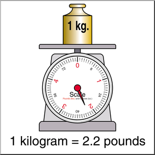 A 1 kg weight on a mechanical scale showing approximately 2.2 pounds.