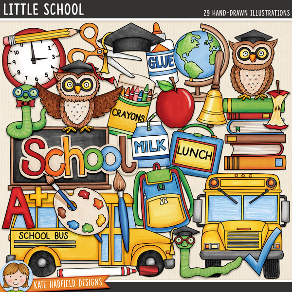 Hand-drawn school-themed clipart featuring owls, bus, chalkboard, apple, crayons, globe, and supplies.