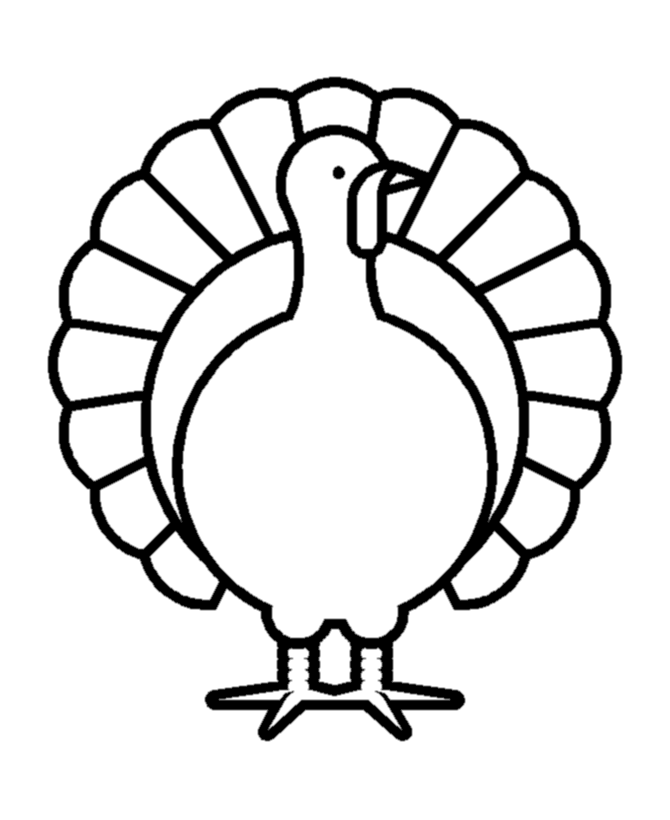 Simple black-and-white line drawing of a turkey with fanned tail feathers, ideal for coloring pages or Thanksgiving graphics.