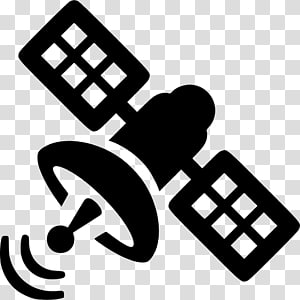 Black silhouette icon of a satellite with solar panels, dish antenna, and signal waves on transparent background.