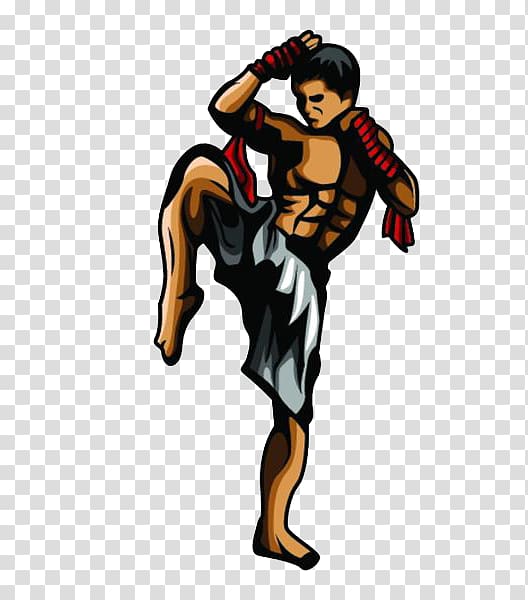 Muscular Muay Thai fighter executing a high kick, wearing traditional shorts and red hand wraps.
