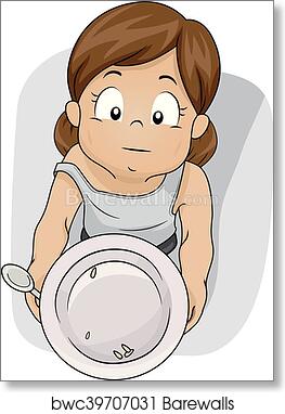 A cartoon girl with brown hair holds a dirty plate and spoon, looking up with a hopeful expression.