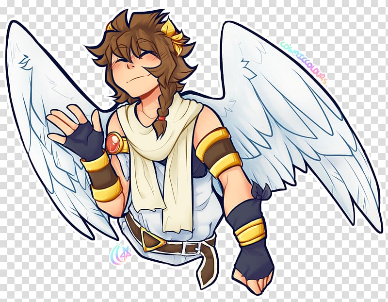 A cheerful angelic anime character with brown braided hair, white wings, and golden arm bracers posing confidently.
