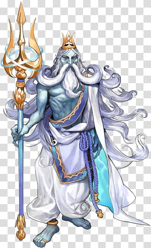 A majestic sea god with blue skin, long white beard, crown, and trident, wearing flowing robes and holding a golden staff.