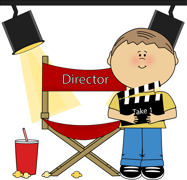 A cartoon boy holding a clapperboard labeled "Take 1", standing beside a red director's chair with "Director" on the back, under studio lights.