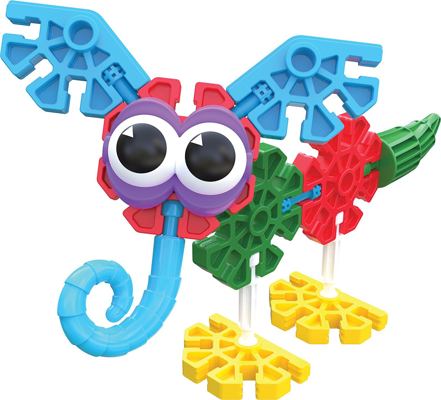 Colorful K'NEX-style construction toy assembled as a whimsical creature with big eyes, wings, and a coiled tail.