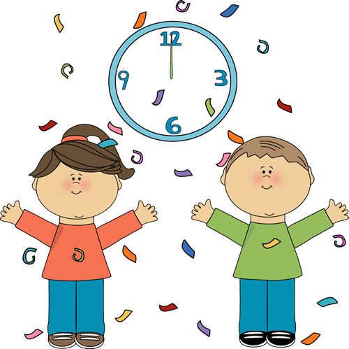 Two smiling children celebrating with confetti under a clock showing 12 o’clock.