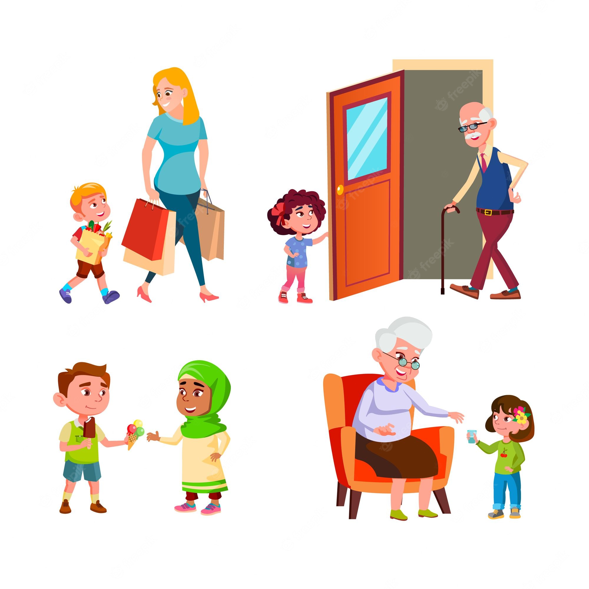 Four illustrated family scenes: shopping, greeting grandparents, sharing treats, and caring for elders.