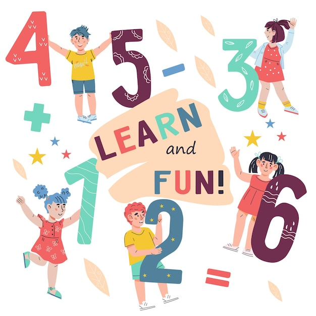 Colorful illustration of joyful children interacting with large numbers 1-6 and math symbols, promoting playful learning.
