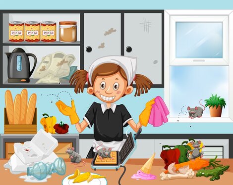 A cartoon maid with pigtails and gloves cleans a messy kitchen full of spilled food, mice, and clutter.