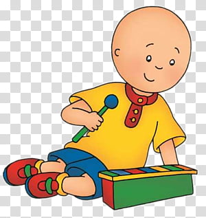 A cartoon bald boy in a yellow shirt playing a colorful xylophone with a mallet.