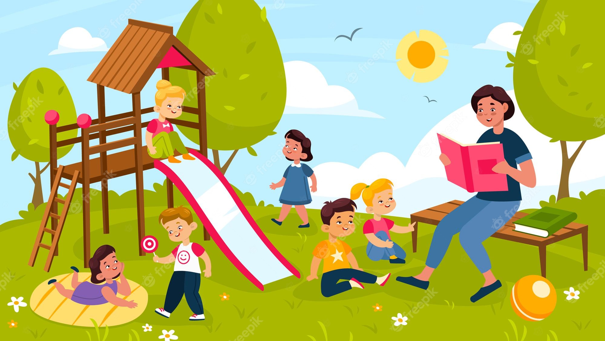 A diverse group of children playing outdoors on a sunny day with a teacher reading a book nearby and a wooden play structure with a slide.