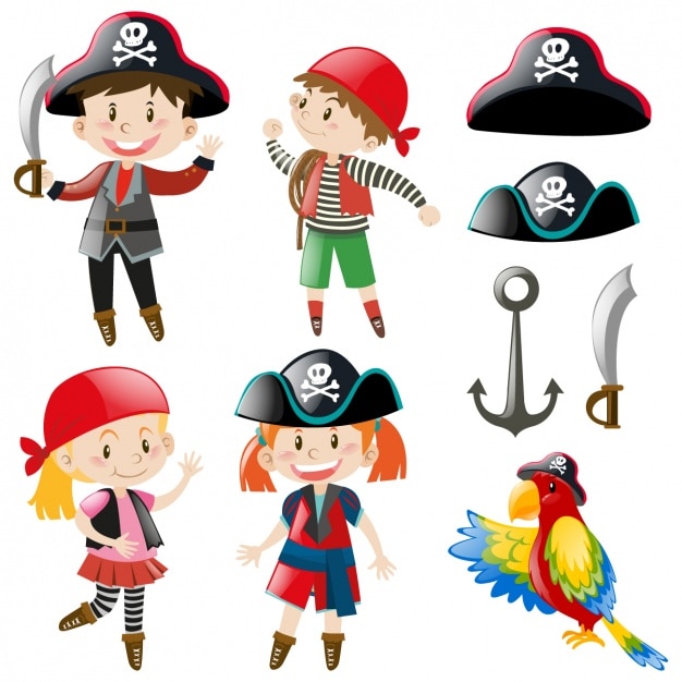 Cartoon pirate characters including boys, girls, hats, sword, anchor, and parrot on white background.