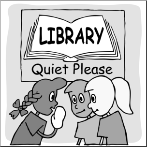 Three children whispering quietly in front of a "Library - Quiet Please" sign.