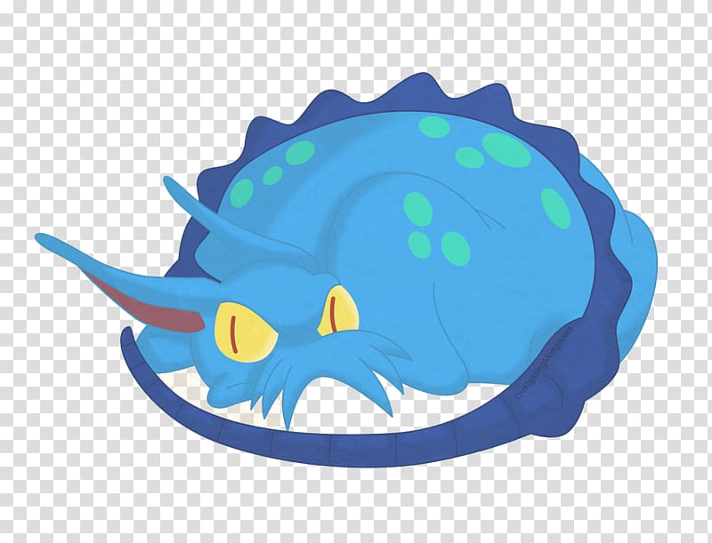 A sleeping blue dragon with green spots, yellow eyes, and a spiky back curled into a ball.